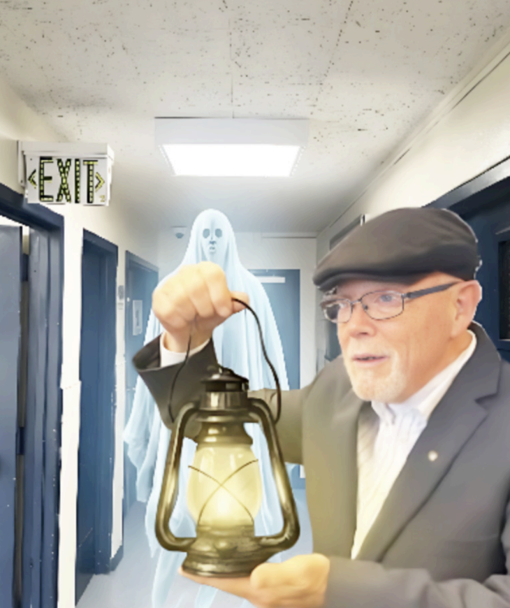 MR. HAYES SEARCHES for ghosts in Burr Hall